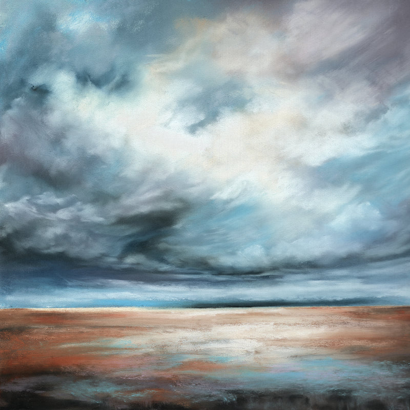 Stormy blue big sky painting, framed