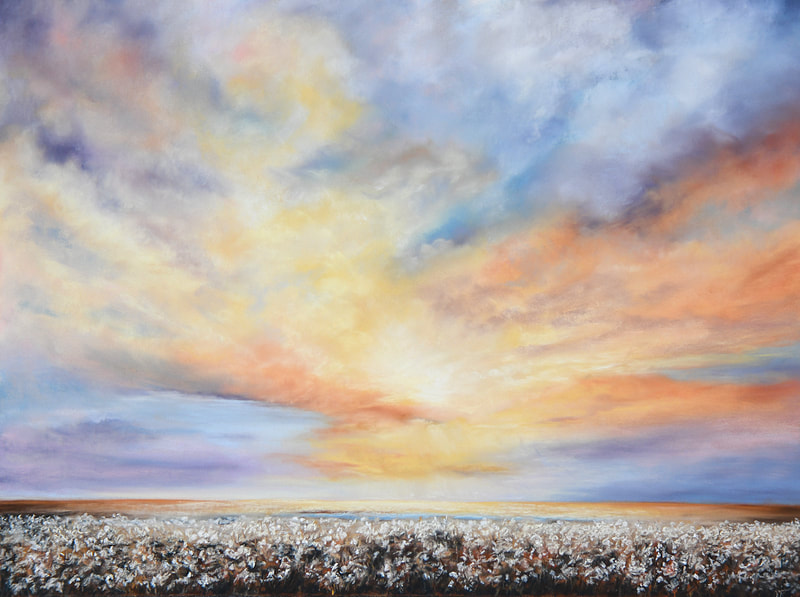 Original pastel painting of a cotton field at sunrise